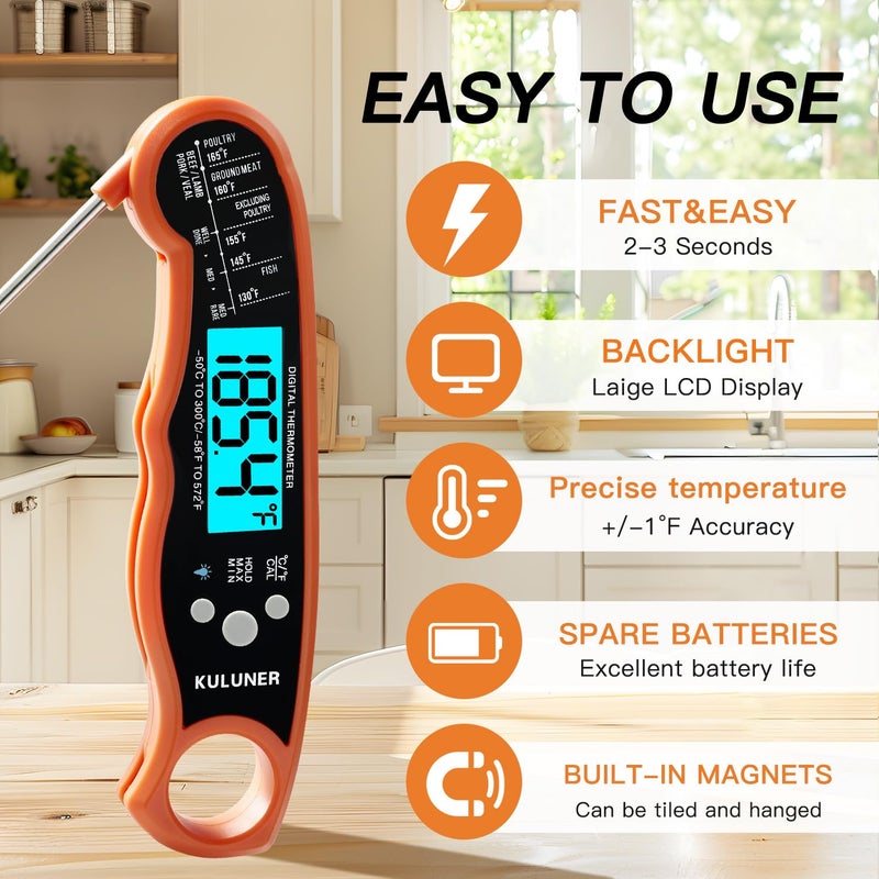 KULUNER TP-01 Waterproof Digital Instant Read Meat Thermometer with 4.6 Folding Probe Backlight Calibration Function for Cooking Food Candy, BBQ Grill, Liquids,Beef(Orange) - Image 2